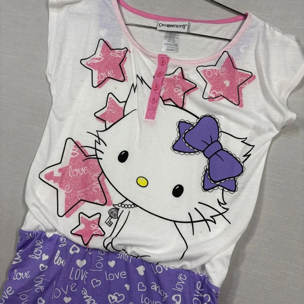 Charmmy‎ Kitty Shirt Dress Girls XL 14-16 Purple White Henley KMart READ
